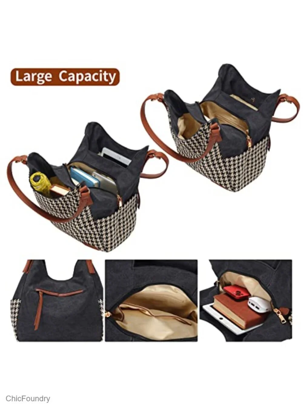 Canvas Hobo Purse Multi Pocket Tote Shoulder Bag with Ethnic Embroidery